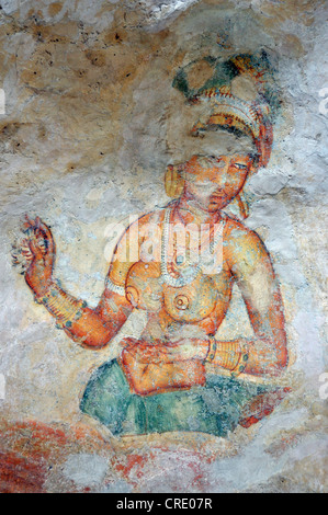 Wolke Maiden, Fresko auf Höhle Wand, 5. Jahrhundert, Lion Rock Felsenfestung, UNESCO-Weltkulturerbe, Sigiriya, Sri Lanka, Asien Stockfoto