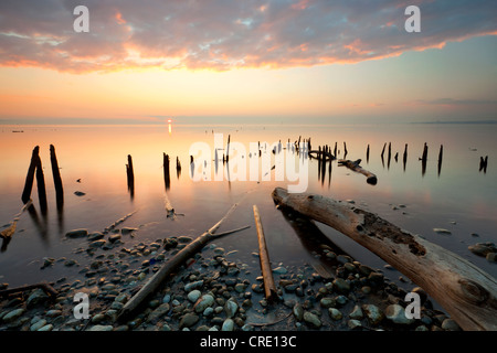 Abend Stimmung in einem Kai mit Eis auf dem Bodensee in der Nähe von Allensbach, Baden-Württemberg, Deutschland, Europa Stockfoto