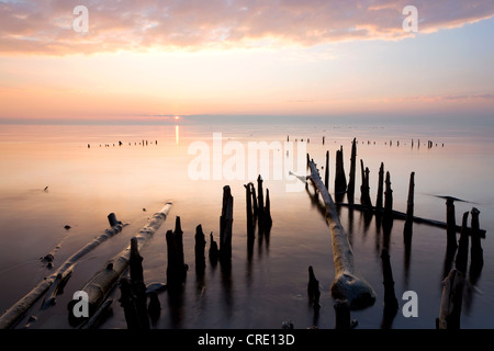 Abend Stimmung in einem Kai mit Eis auf dem Bodensee in der Nähe von Allensbach, Baden-Württemberg, Deutschland, Europa Stockfoto