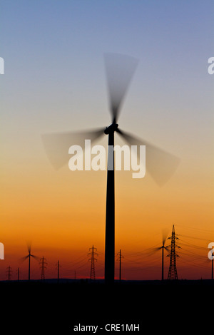 Wind Turbine und Elektrizität Masten gegen Sonnenuntergang, Marchfeld, Niederösterreich, Europa Stockfoto