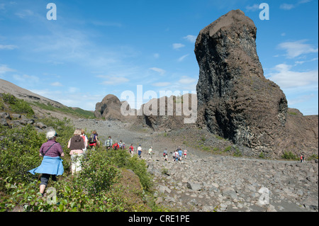 Wandern Gruppe, bizarre Formationen aus Basalt Felsen, Hljodaklettar, Echo Rock, Hljodaklettar, Joekulsárgljúfur Nationalpark Stockfoto