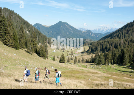 Wandern, Gruppe von Wanderern in einem Tal, Soin-Alm Alm mit Blick auf Mt. Grosser Traithen in Bayrischzell Stockfoto