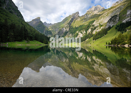 See-Seealpsee im Alpstein Gebirge, hinter Berg Säntis, Wasserau, Kanton Appenzell, Schweiz, Europa Stockfoto