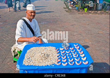 Älterer Mann trägt ein Nonnen Gewand und einer weißen Mütze, Verkauf von Zähnen und Zahnersatz, Djemaa el-Fna Platz, Marrakesch Stockfoto