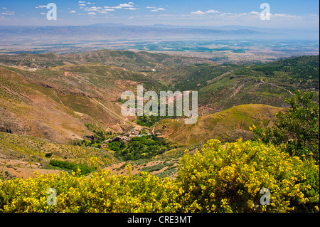 Typische Landschaft im hohen Atlas-Gebirge, Tal mit einem kleinen Dorf, Felder und Bäume Stockfoto