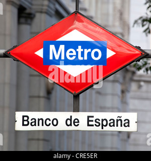 Melden Sie sich für die u-Bahnstation bei der Zentralbank von Spanien, Banco de Espana, Plaza De La Cibeles-Platz, Madrid, Spanien, Europa Stockfoto