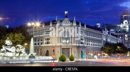 Zentralbank von Spanien, Banco de Espana, Plaza De La Cibeles Platz, bei Nacht, Madrid, Spanien, Europa Stockfoto