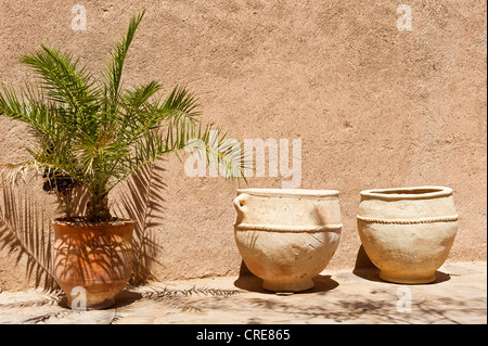 Kleine Palme in einem Topf und traditionelle Keramik Töpfe vor einem Schlamm Wand, Skoura, untere Dades Tal, Kasbah Road, Marokko Stockfoto