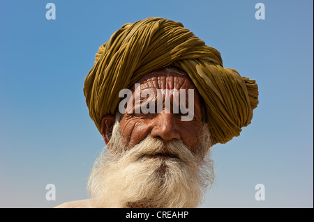 Porträt von einem älteren Rajasthani, indischer Mann mit einem grauen Bart mit traditionellen Turban Thar-Wüste, Rajasthan, Indien, Asien Stockfoto