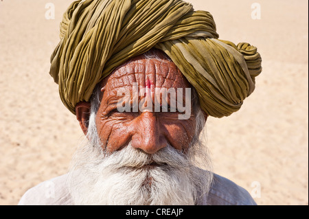 Porträt von einem älteren Rajasthani, indischer Mann mit einem grauen Bart mit traditionellen Turban, Thar-Wüste, Rajasthan, Indien Stockfoto