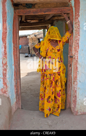 Junge verschleierte Inderin in einen Sari schauen neugierig aus ihren Eingang, Bishnoi, Jodhpur, Rajasthan, Indien, Asien Stockfoto