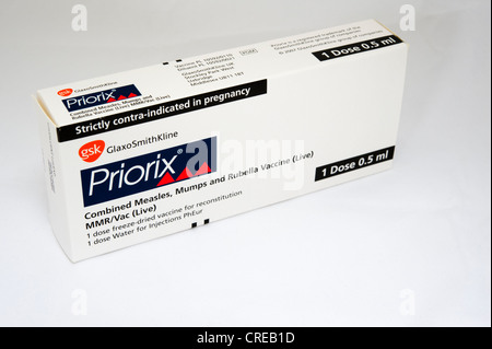 MMR Priorix Masern Mumps Röteln-Impfstoff Box von GlaxoSmithKline Pharma-Unternehmen Stockfoto