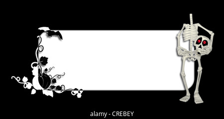 Abbildung eines kopflosen Skeletts vor Halloween themed Banner auf schwarzem Hintergrund Stockfoto