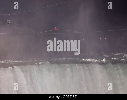 Nik Wallendar bei seinem Hochseil-Spaziergang über Niagara Falls für Sate Goat Island Niagara, New York zu den Niagara Falls in Ontario, Kanada Stockfoto