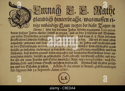 Dekret zum Verbot der Unruhen anlässlich der Hinrichtung des Mörders getöteten christlichen Juden in Altona (Hamburg) 1687 Stockfoto