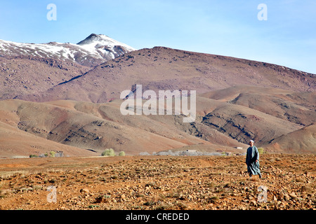 Berber Mann trägt eine traditionelle Djellaba zu Fuß in ein Feld in den hohen Atlas-Gebirge, in der Nähe von Ouarzazate, Marokko, Afrika Stockfoto