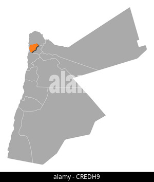 Politische Karte von Jordanien mit mehreren Provinzen wo Ajloun markiert ist. Stockfoto