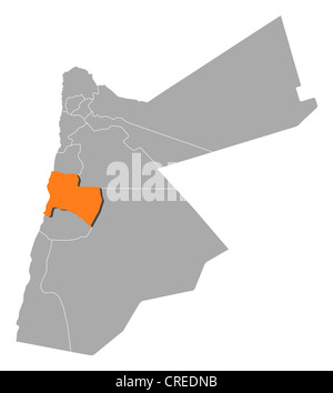 Politische Karte von Jordanien mit mehreren Provinzen wo Karak markiert ist. Stockfoto