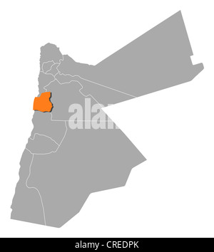 Politische Karte von Jordanien mit mehreren Provinzen wo Madaba markiert ist. Stockfoto