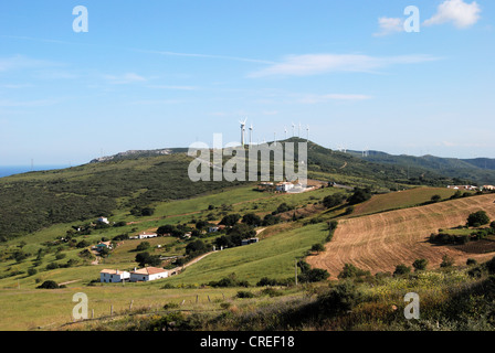 Bauernhöfe und landwirtschaftliche Flächen mit Windkraftanlagen auf der Rückseite, in der Nähe von Casares, Provinz Malaga, Andalusien, Spanien, Westeuropa. Stockfoto