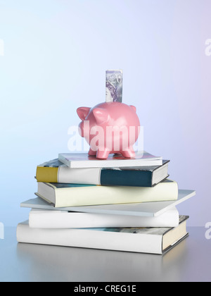 Sparschwein auf Stapel von Büchern Stockfoto