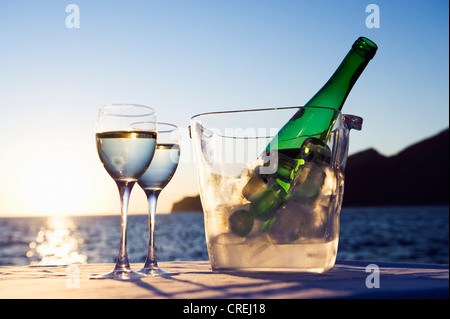 Weingläser und Flasche im freien Stockfoto