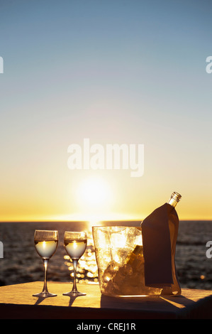 Weingläser und Flasche im freien Stockfoto