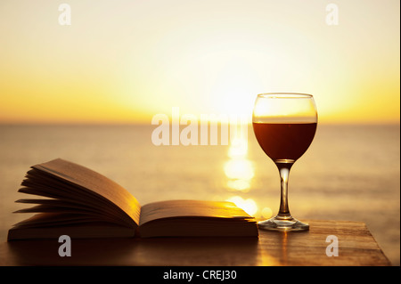 Glas Wein und Buch auf Tisch im freien Stockfoto