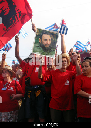 Demonstration mit einem Foto von Fidel Castro, Kuba, La Habana Stockfoto