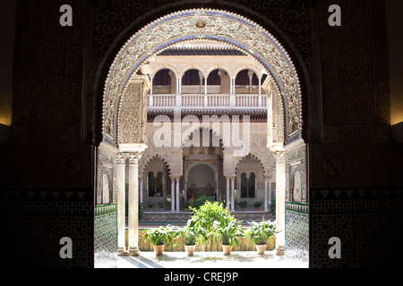 Maurischen Ornamenten auf dem Patio de Las Huasaco in des maurischen Königs Palast von Real Alcazar, UNESCO-Weltkulturerbe Stockfoto