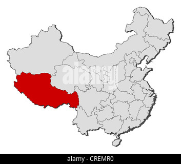 Politische Landkarte von China mit den verschiedenen Provinzen, wo Tibet markiert ist. Stockfoto