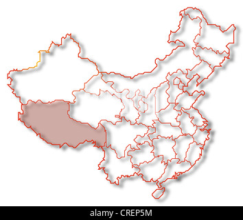 Politische Landkarte von China mit den verschiedenen Provinzen, wo Tibet markiert ist. Stockfoto