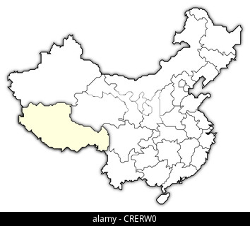 Politische Landkarte von China mit den verschiedenen Provinzen, wo Tibet markiert ist. Stockfoto