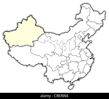 Politische Landkarte von China mit den verschiedenen Provinzen Xinjiang wo markiert ist. Stockfoto