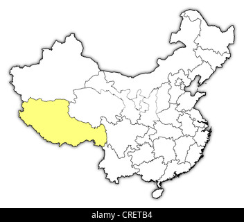 Politische Landkarte von China mit den verschiedenen Provinzen, wo Tibet markiert ist. Stockfoto