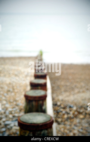 Groyne auf Eastbourne Kiesstrand hinunter zum Meer Stockfoto