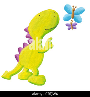 Acryl Illustration der niedlichen Drachen zeigt Schmetterlinge Stockfoto