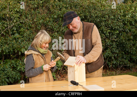 Nest Kastenbauweise, Opa und Enkel Montage aus Holz Nistkasten, Deutschland Stockfoto