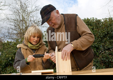 Nest Kastenbauweise, Opa und Enkel Montage aus Holz Nistkasten, Deutschland Stockfoto