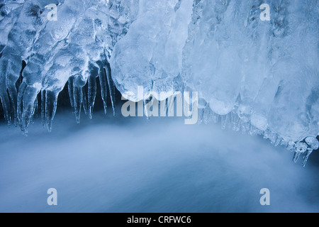 Eiszapfen über einen Bach, Deutschland, Rheinland-Pfalz Stockfoto
