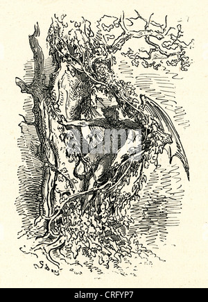 Teufel im Baum. Illustration von Gustave Dore von Don Quijote. Stockfoto
