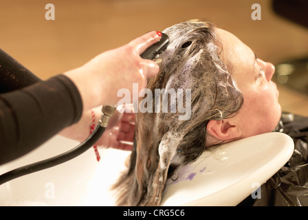 Haar-Stylist waschen Kunden Stockfoto