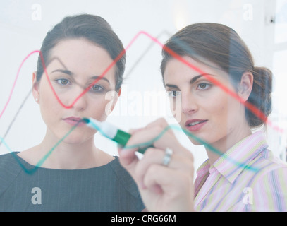 Geschäftsfrau zeichnen auf Glas Stockfoto