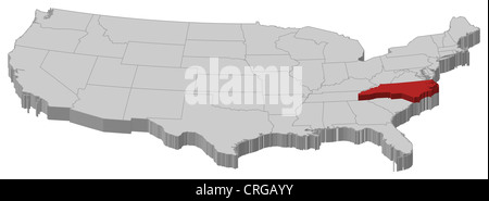 Politische Landkarte der USA mit den mehrere Staaten North Carolina wo markiert ist. Stockfoto