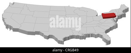 Politische Landkarte der USA mit den mehrere Staaten Pennsylvania wo markiert ist. Stockfoto
