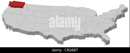 Politische Landkarte der USA mit den mehrere Staaten, wo Washington markiert ist. Stockfoto
