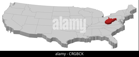 Politische Landkarte der USA mit den mehrere Staaten wo West Virginia markiert ist. Stockfoto