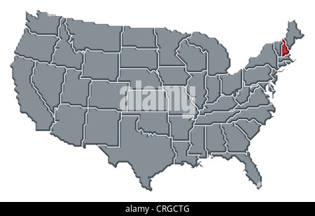 Politische Landkarte der USA mit den mehrere Staaten wo New Hampshire markiert ist. Stockfoto