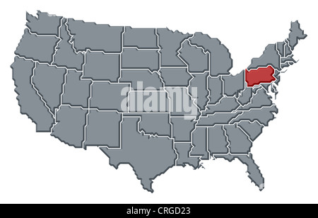Politische Landkarte der USA mit den mehrere Staaten Pennsylvania wo markiert ist. Stockfoto