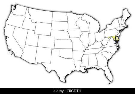 Politische Landkarte der USA mit den mehrere Staaten wo Marylansd markiert ist. Stockfoto